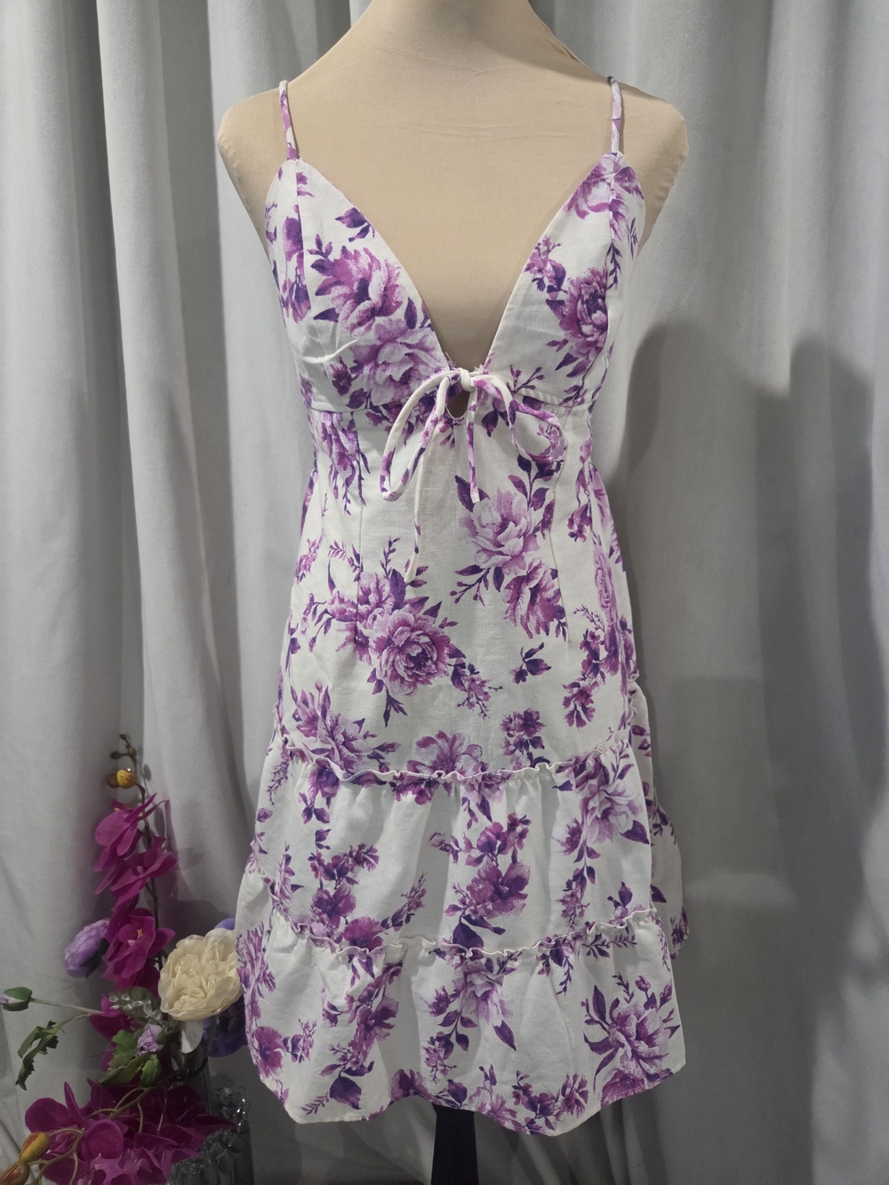 Haute Monde White & Lavender Floral Tie-Front Mini Dress